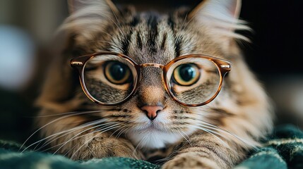 Sticker - A curious tabby cat wearing glasses rests on a cozy surface, showcasing its inquisitive expression and relaxed demeanor