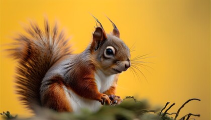 Wall Mural - Vibrant red squirrel against a bold yellow backdrop