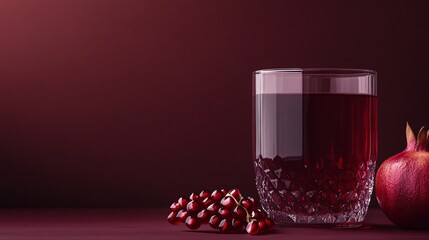 Wall Mural - Glass of pomegranate juice with seeds and fruit on a dark red surface.