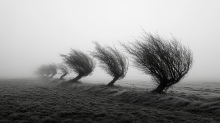 Wall Mural - Trees leaning heavily in the wind, set against a fog-filled field, symbolizing the struggle against the elements.