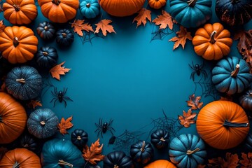 Flat lay various pumpkins gourds arranged circular pattern A blue background