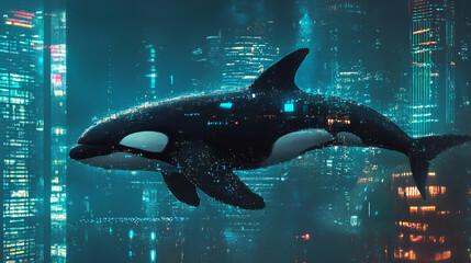 A futuristic orca swimming through a neon-lit cityscape.