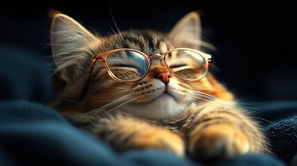 Sticker - A sleepy brown tabby cat wearing glasses peacefully resting on a soft, dark blanket in a cozy atmosphere during the afternoon