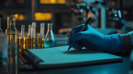 Poster - Gloved Hand Writing in a Laboratory Notebook