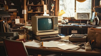 Vintage cluttered office with an old computer, scattered papers, and retro dcor, capturing creative energy.