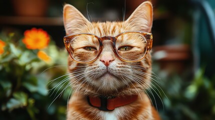 Canvas Print - A clever orange tabby cat wearing glasses lounging among vibrant flowers in a garden during sunny weather