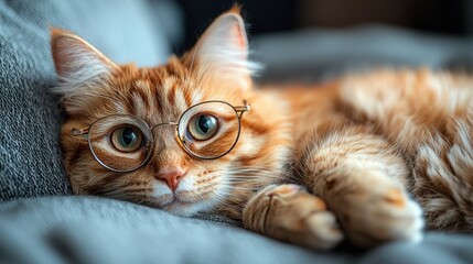 Sticker - A relaxed orange tabby cat wearing round glasses lounges comfortably on a soft, gray couch in a cozy indoor setting