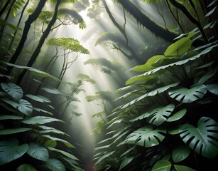 Sunlit tropical foliage in vibrant green creating depth