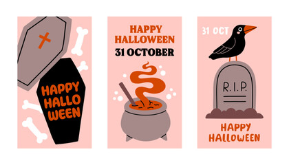 Poster - Halloween pink poster set. Trendy flat style and funny characters. Cute vector poster set for postcard, flyer, banner