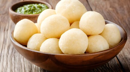 Wall Mural - A wooden bowl filled with white, round dumplings, with a bowl of green pesto sauce to the side.