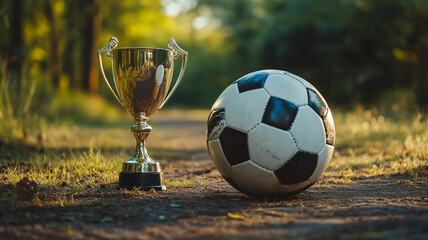 Wall Mural - A soccer trophy and ball on a dirt path in the woods during golden hour light