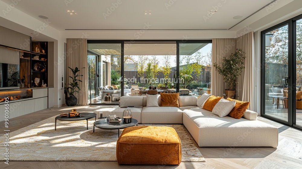 Modern living room with large windows offering a view of outdoor patio ...