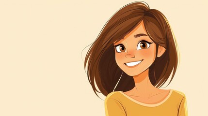 Poster - A joyful brunette girl beams with happiness, embracing life in a vibrant cartoon world filled with textures and colors.