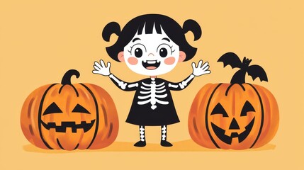 Canvas Print - A joyful girl dressed as a skeleton poses with spooky carved pumpkins, celebrating Halloween in a vibrant illustration.