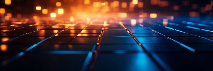 Poster - abstract background of glowing tiles with a blue and orange light effect, showcasing modern technolo
