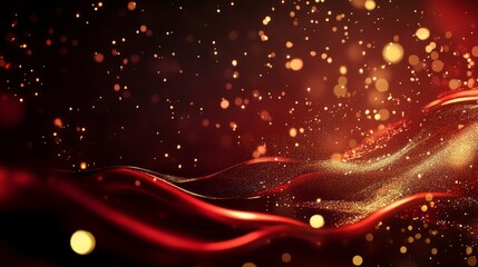 Poster - abstract background with red and gold wavy lines, with scattered gold particles for luxury, elegance