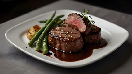 A plate of grilled steak, asparagus, and potatoes with a rich brown sauce.