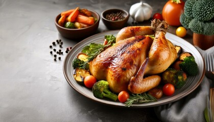 Wall Mural - Delicious cooked chicken and vegetables on grey marble table