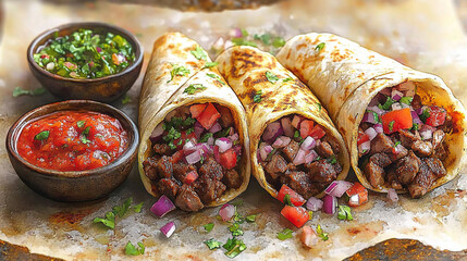 Delicious beef tacos wrapped in soft tortillas, served with fresh salsa and vibrant toppings for a perfect meal.