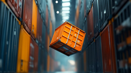 Suspended orange shipping container in a vibrant freight yard, surrounded by colorful storage containers.