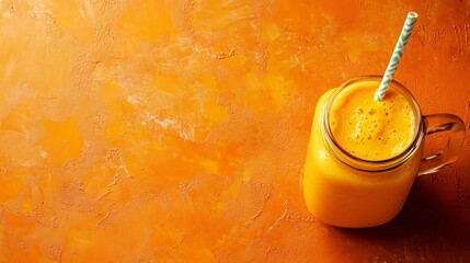 orange smoothie in a glass jar with a striped straw on a orange background.