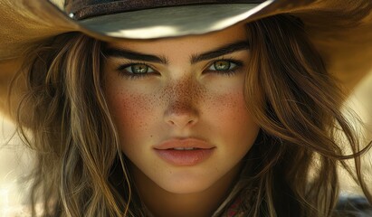 Poster - A stunning cowboy girl in vibrant afternoon light, exuding charm and confidence in a picturesque setting.