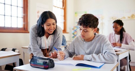 Aufkleber - Happy teacher, student and teenager with book for question, help or assistance at school. Young, boy or educator with learner for exam, test or studying in classroom for open assessment or assignment