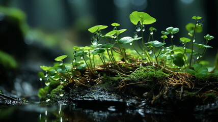 Wall Mural - green forest, dew drops and wet rain on young leaves and shoots in the depths of the green forest of the wild