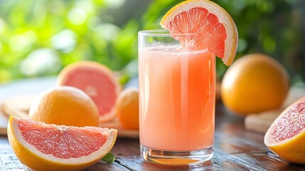 Wall Mural - Refreshing glass of grapefruit juice with fresh fruit slices on a wooden table.