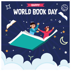 Wall Mural - Children fly over books. Read books to increase insight and knowledge. Happy Book Day concept. Flat vector illustration.