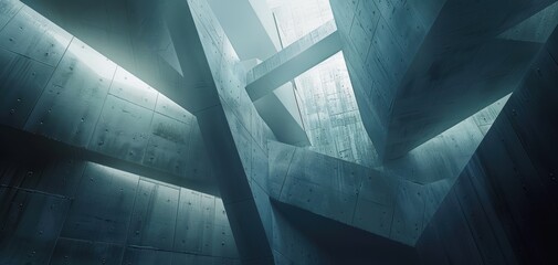 Aufkleber - Abstract view of modern concrete structures with dramatic lighting, showcasing architectural design and spatial dynamics.