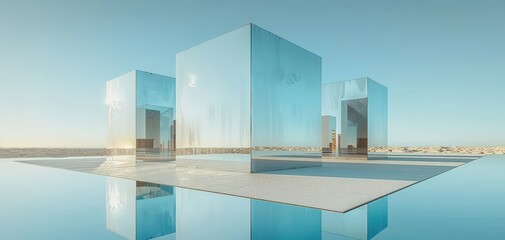 Poster - Modern glass structures reflecting the sky in a serene landscape.