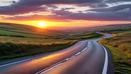 Wall Mural - Winding Road Through Scenic Countryside at Sunset Inviting New Paths and Embracing the Energy of New Beginnings