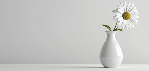 Poster - A single daisy flower in a white vase on a minimalistic background, exuding simplicity and elegance.