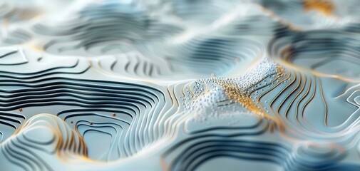Poster - Abstract fluid patterns with smooth curves and lines in varying shades of blue and gold, creating a visually interesting background or texture for design projects.