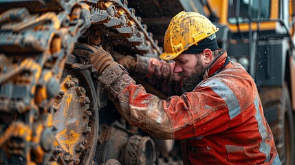 A Construction Worker in a Yellow Hard Hat Working on a Large Machine