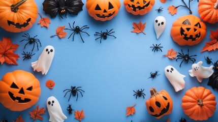 Wall Mural - Colorful Halloween pumpkins are arranged alongside playful decorations, including spiders and ghosts, creating a vibrant atmosphere perfect for festivities