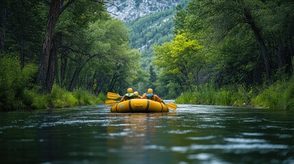 Two people rafting on a calm river surrounded by lush greenery.