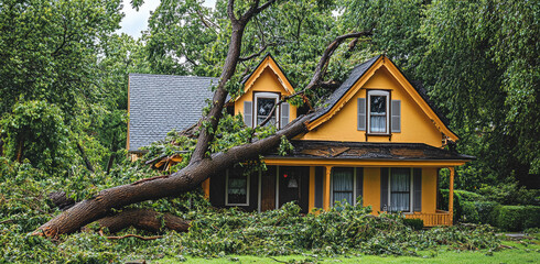 A large tree has fallen on the roof of an apartment house, causing damage to part or all of it. 