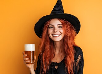 Wall Mural - A beautiful smiling witch woman with red hair wearing a black costume and a pointy hat holding a glass of beer isolated on an orange background