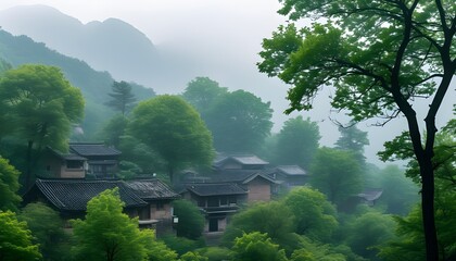 Wall Mural - Serene mountain village shrouded in fog with traditional houses surrounded by lush greenery