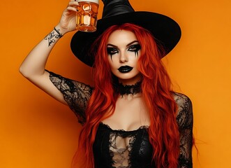 A beautiful woman with red hair and black makeup holding a glass of beer 