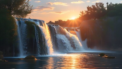 Serene sunset illuminating a cascading waterfall, creating a picturesque scene by tranquil waters