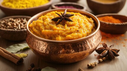 A festive Indian dessert setup featuring Moong Dal Halwa in a copper bowl, surrounded by traditional spices and ingredients, perfect for a Diwali celebration photo.