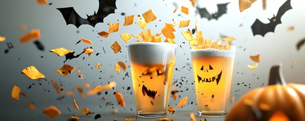 a glass and bowl with chips flying in the air on a gray background two glasses filled with beer funny pumpkins and black bats flying 