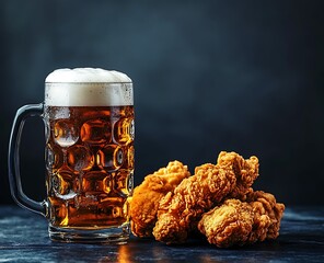 Wall Mural - a glass mug with beer and fried chicken on the table isolated against a dark blue background 