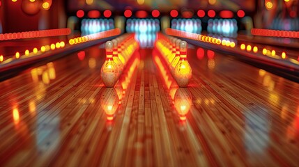 Two Bowling Pins Standing on a Wooden Lane with Blurred Lights in the Background