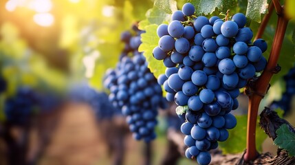 blue grapes hanging from twisted green vines in a sprawling vineyard