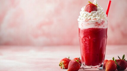 Wall Mural - Strawberry smoothie topped with whipped cream and a strawberry on a pink background.