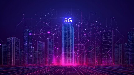 Poster - A towering 5G cellular network antenna rising above a futuristic smart city skyline